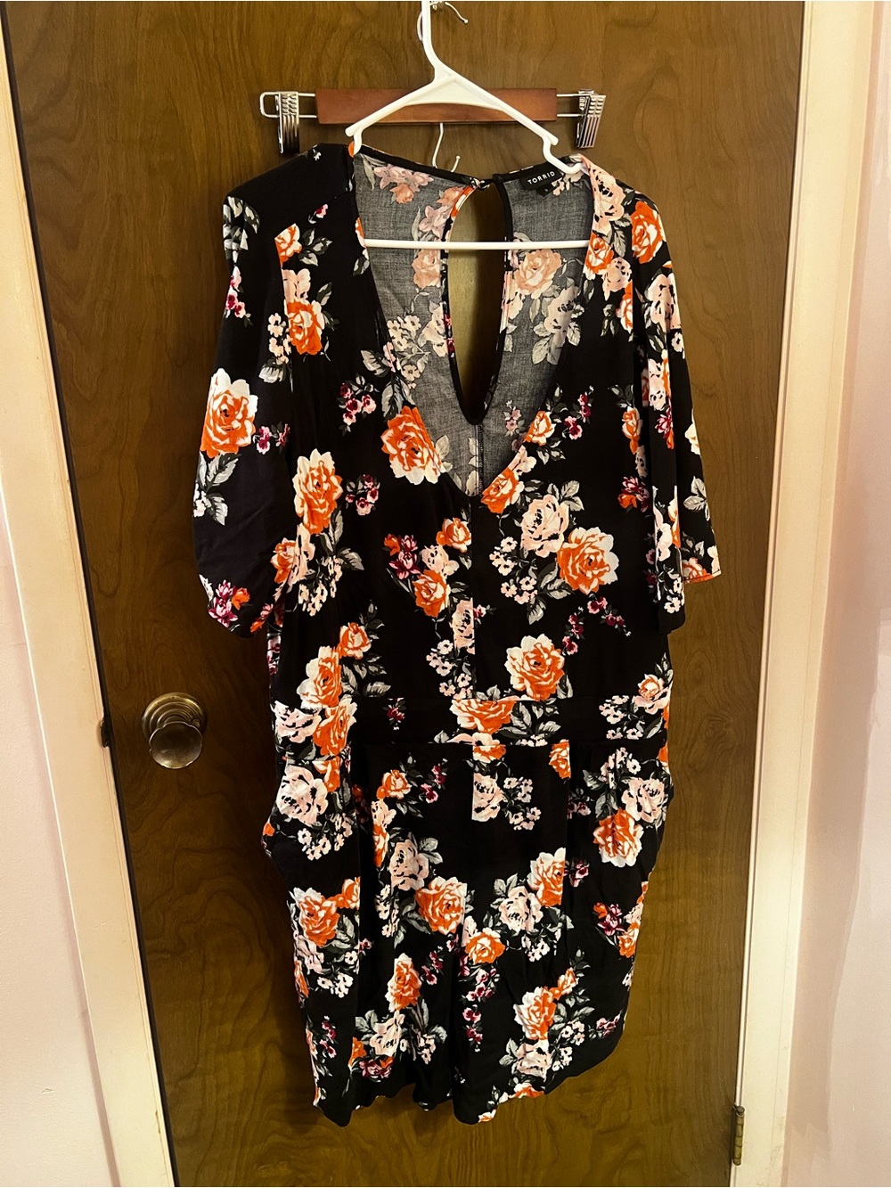 Torrid Black Floral V-Neck Romper with Orange & Cream Roses size 3X